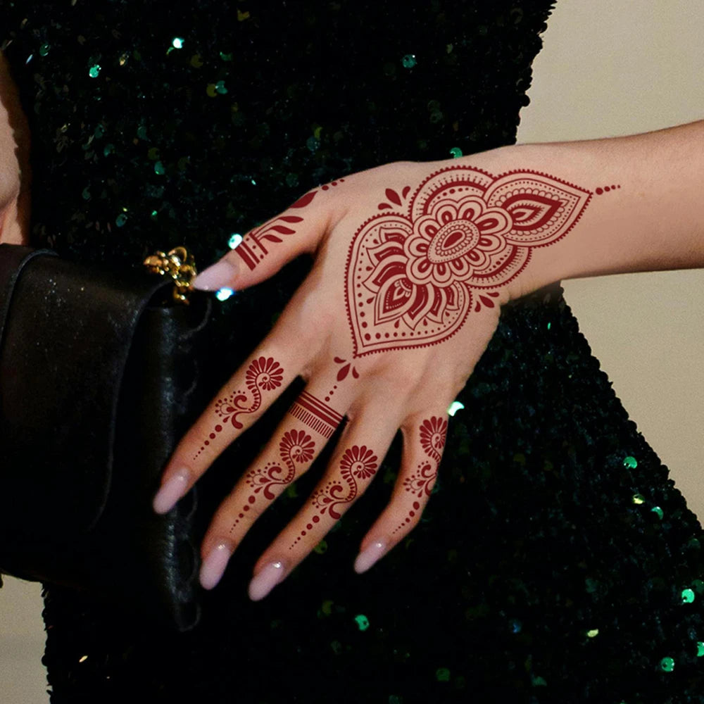6 Sheets India Mehndi Design Brown Red Maroon Tattoo Stickers, Water Transfer Fake Henna Tattoos For Women Full Hand Tattoos - Sun Studio