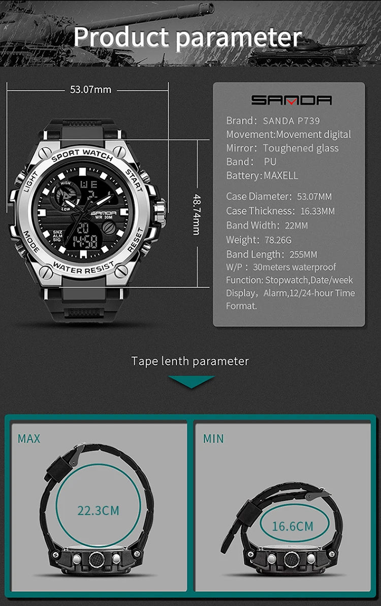 SANDA Top Luxury Watches Men Military Army Mens Watch Waterproof Sport Wristwatch Dual Display Watch Male Relogio Masculino - Sun Studio