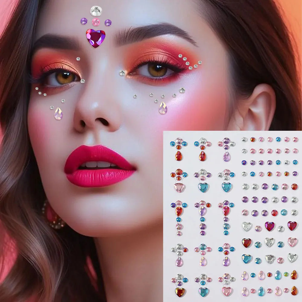 1Sheet 5D Mixed Shell Aurora Rhinestone Girl Face Stickers Hollow Star/Moon/Heart Self-Adhesive Cute Girl Make Up Diamond Decal - Sun Studio