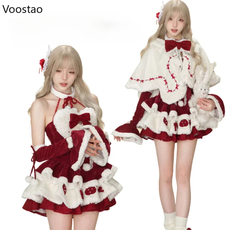 Autumn Winter Christmas Lolita Style 3 Piece Set Women Sweet Plush Bunny Ear Hooded Cloak Coat Bow Mini Dresses Y2k Cosplay Suit - Sun Studio