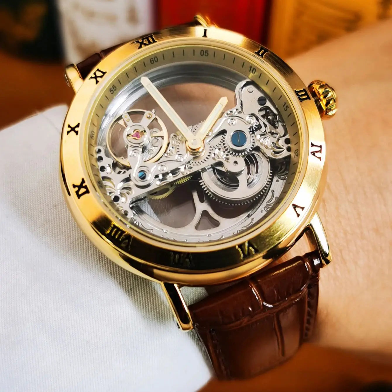 Forsining Silver Skeleton Automatic Watch Men Luminous Hands Business Retro Golden Bridge Mechanical Watches Steel Leather Strap - Sun Studio