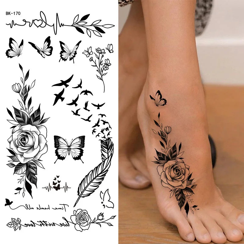 Schwarz Weiß Temporäre Transfer Tattoos Florale Schmetterlinge Schriftzüge Linienkunst Wasserfeste Körperaufkleber für Musikfestival Party