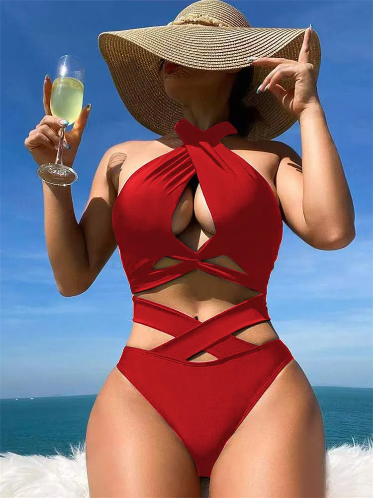 Sexy Red Black Bikinis Sets 2025 Women Criss Cross Bandage Swimwear Biquini Summer Push Up Beach Hollow Out High Waist Swimsuit - Sun Studio