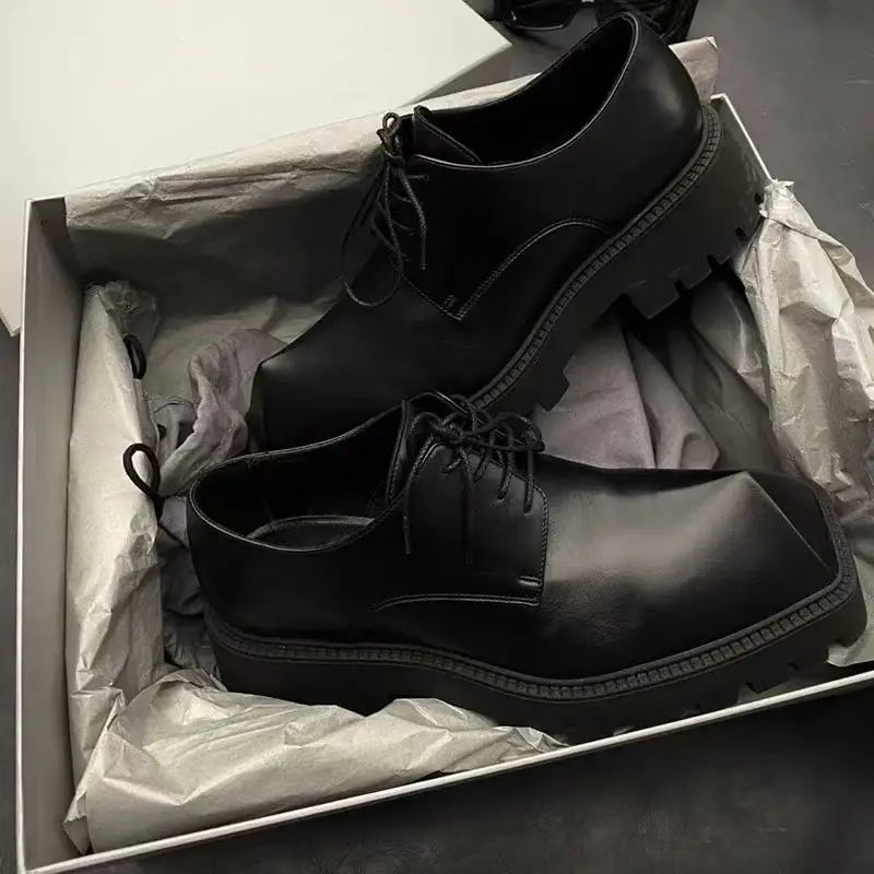 2025 Men's Big Head Leather Niche Design Casual Platform Rhino Horn Square Single Sneakers Derby Shoes - Sun Studio
