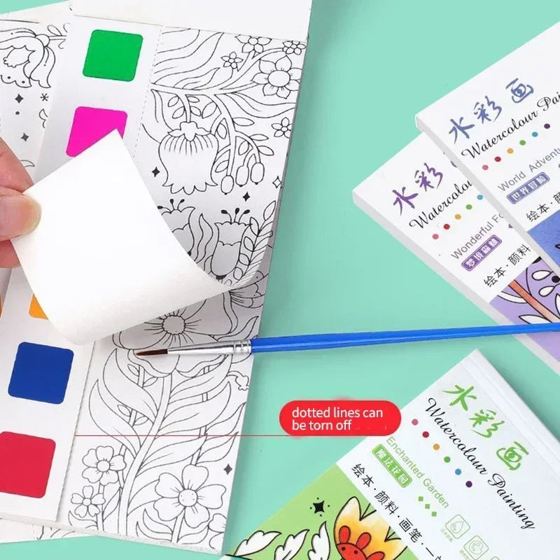1PC Children's Watercolor Coloring Book Kids Adult Watercolour Coloring Paper With Water Paint Pens Girls Student Birthday Gift - Sun Studio