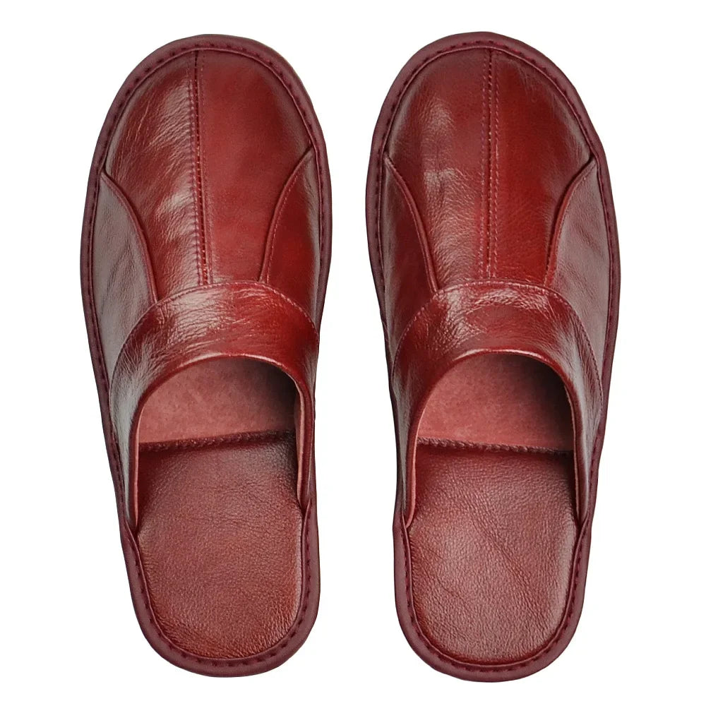 Men's Luxury Cow Split Leather Handmade Men Home Slippers Spring Slip on Soft Comfortable Black Brown Bedroom Indoor Flat Shoes - Sun Studio