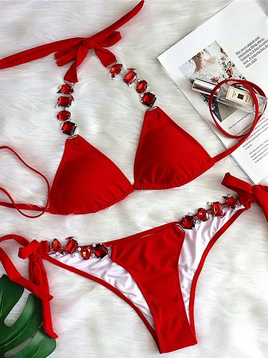 Halter Rhinestone Diamant Bikini Frauen Badeanzug Weibliche Bikinis Metallkette Badebekleidung Zweiteiliges Bikini Set Badeanzug Schwimmen Damen