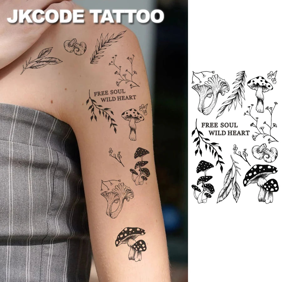 Forest Mushroom Themed Tattoo Minimal Tattoo-Herbal Tattoo Stickers Ins Style-Mushroom, Leaf, Branch, and Flower Pattern Tattoo-Cute Tattoo Fashion Accessories for Girls Women's Finger, Hand, and Neck Tattoo Long-Lasting Wate - Sun Studio