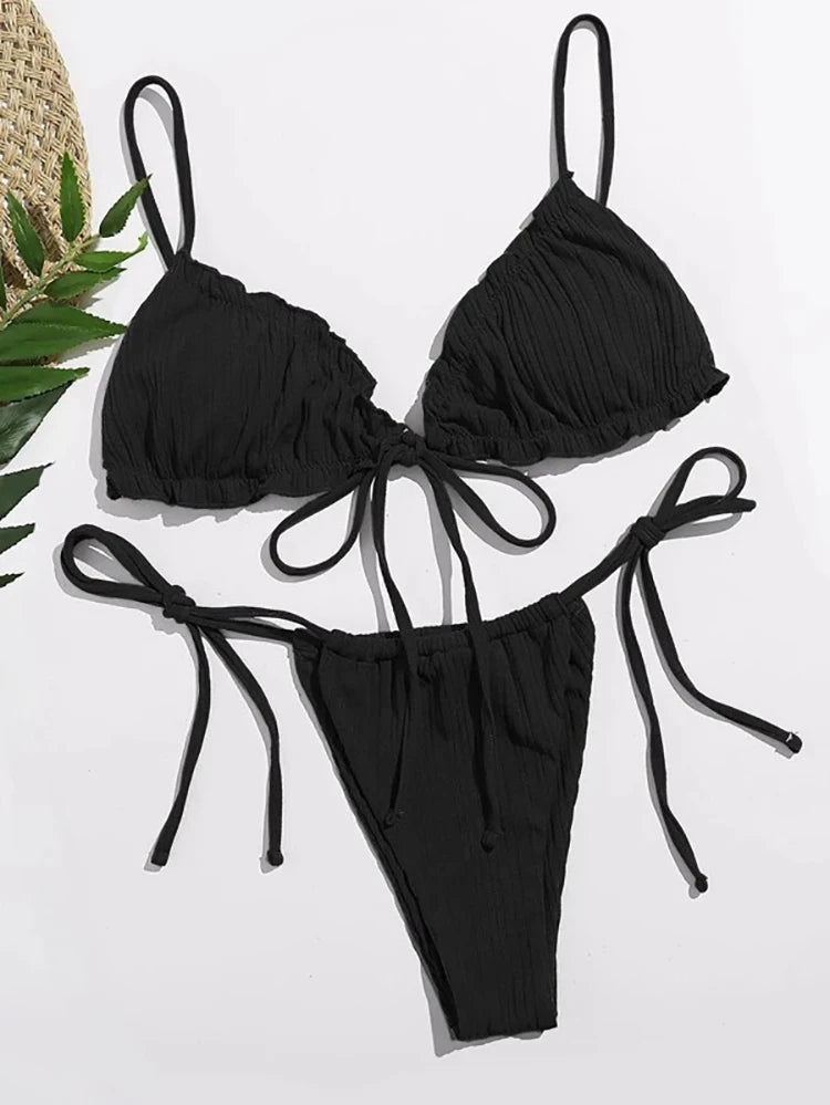 New 2025 Sexy Swimsuit Pit stripe Bikini Women Swimwear  Bathing Suits Push Up Biquinis Bandage Beachwear Solid Bikini Sets - Sun Studio