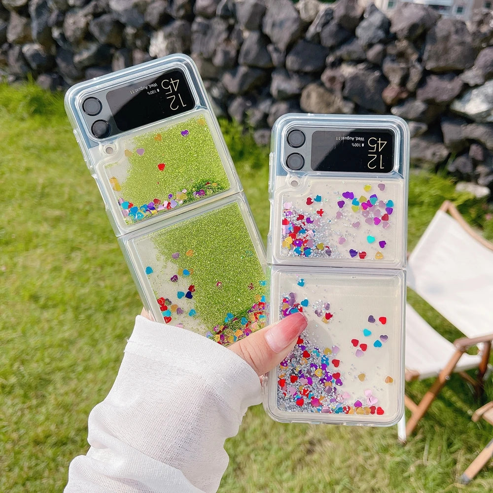 for Samsung Z Flip 7 Luxury Glitter Quicksand Case For Samsung Galaxy Z Flip 7 6 5 4 3 ZFlip 7FE Gradient Love Heart Bling Cover - Sun Studio