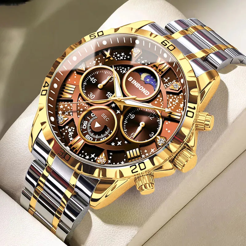 BINBOND Luxury Fashion Men Watches Multi-functional Stainless Steel Original Quartz Wristwatch Moon Phase Chronograph Waterproof - Sun Studio
