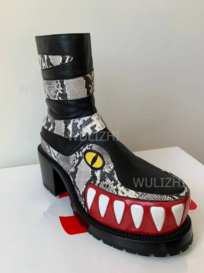 Men's Leopard Graffiti Teeth Totem Boots Black Leather Patent Leather Block Heels Thick Sole Zip Fashion Round Toe Shoes Street - Sun Studio