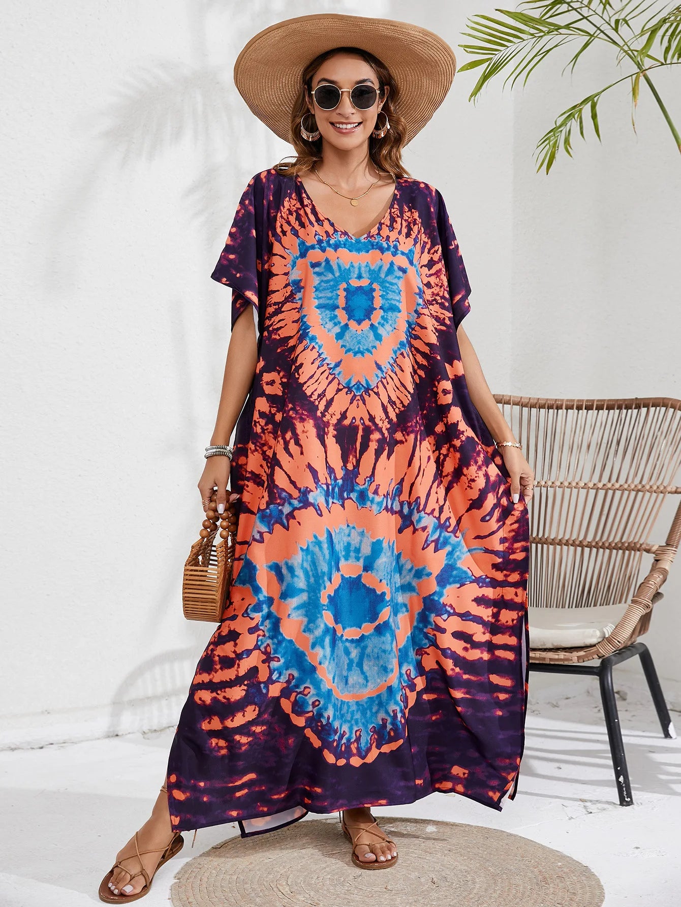Kaftan Dresses for Women Plus Size Tie Dye Batwing Sleeve Caftans Swimsuit Coverup Maxi Dress Loungewear - Sun Studio