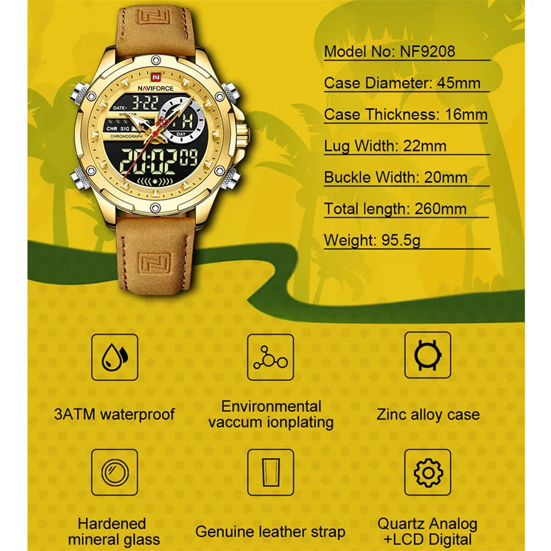 NAVIFORCE Luxury Original Watches For Men Casual Sport Chronograph Alarm Quartz WristWatch Leather Waterproof Digital Clock 9163 - Sun Studio