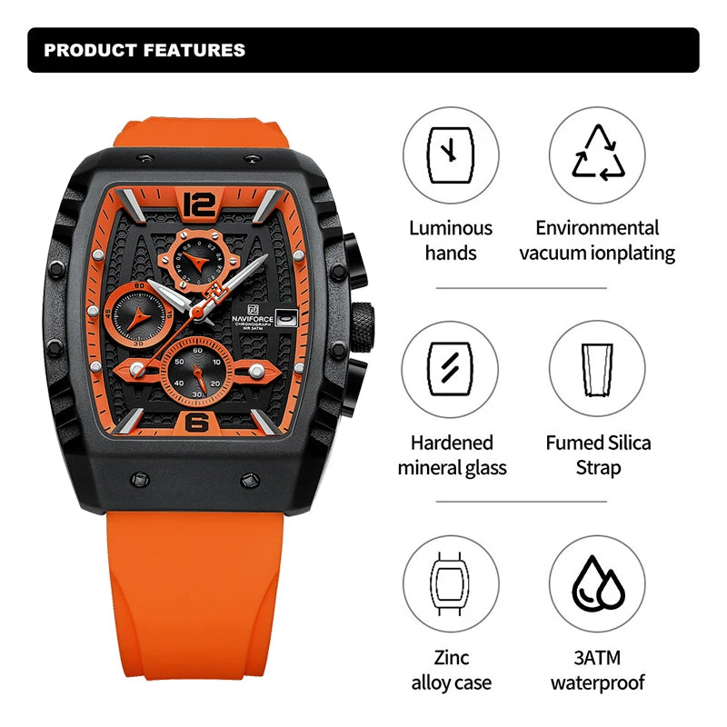 NAVIFORCE Creative Barrel-Shaped Dial Men Watches Fumed Silica Strap Waterproof Quartz Chronograph Date Display Male Wrist Watch - Sun Studio
