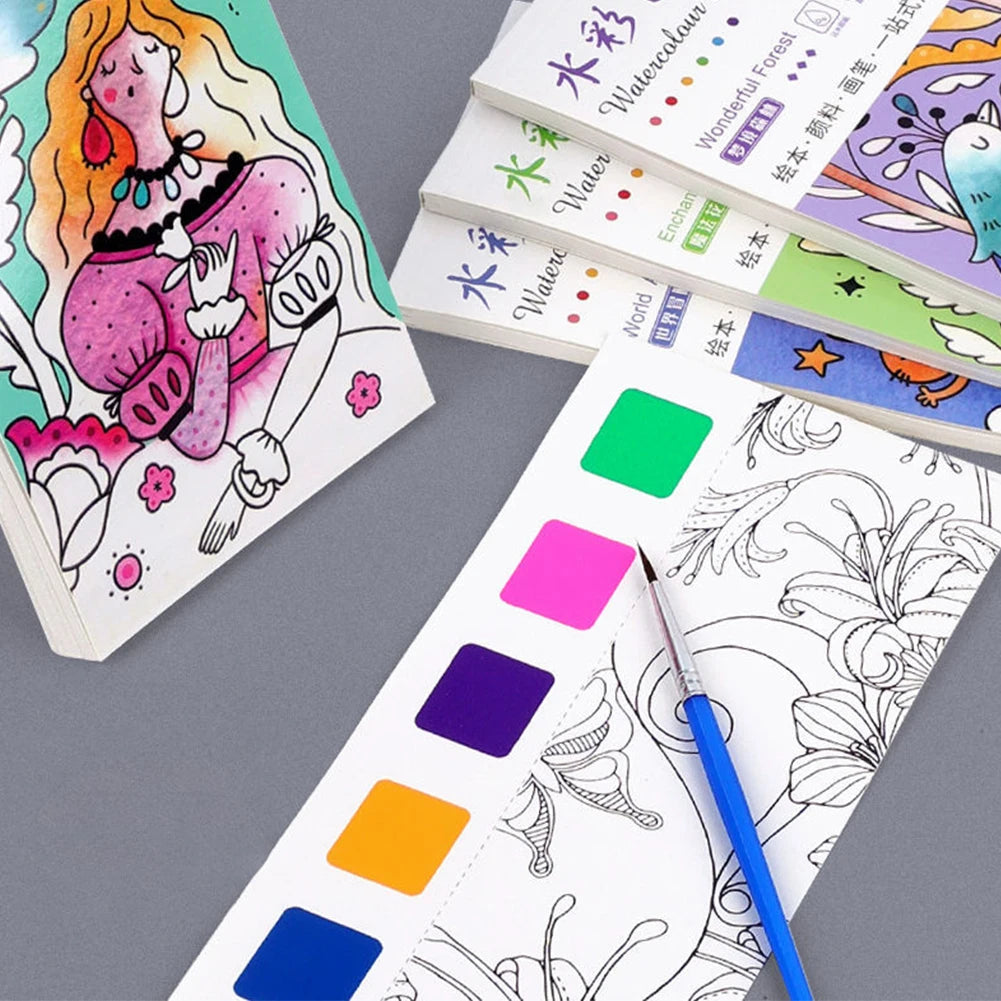 12 Sheets/set Watercolor Painting Book With Paint Brush Gouache Book Portable Kids Graffiti Picture Drawing Stationery - Sun Studio