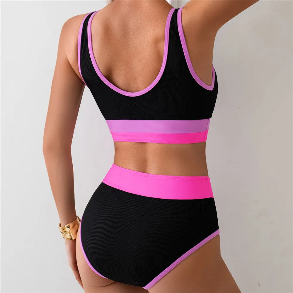 Black Pink Patchwork Ribbed Swimwear Bandeau High Waist Bikini Sports Sexy Swimsuit Women Bathing Suit Bikinis Sets De Mujer - Sun Studio