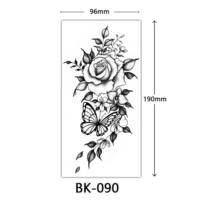 Rosenblüten-Tattoo Temporäres wasserdichtes Schmetterlings-Fake-Tattoo für Frauen Schwarzes Blumen-Skizzen-Tattoo-Aufkleber