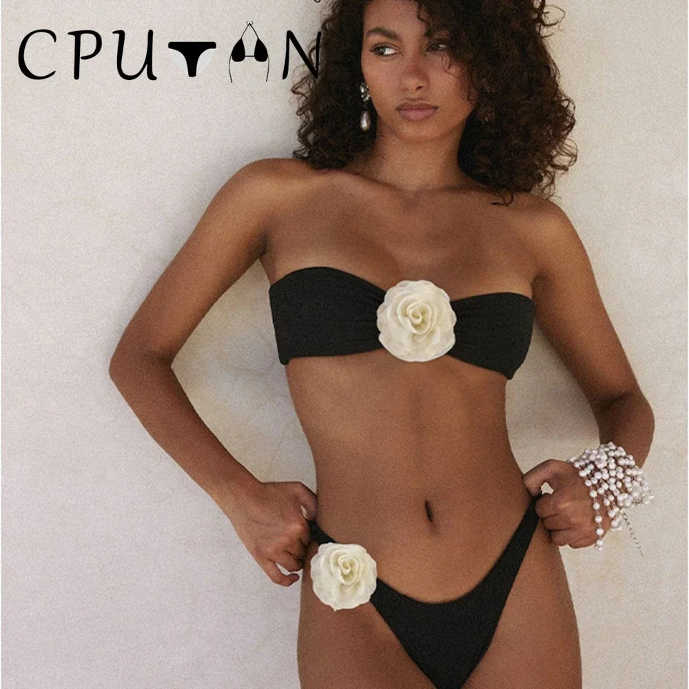 2026 Neu Sexy Weiß 3D Blume Einfarbig Zweiteilig Push Up Bikini Set Luxus Badebekleidung Damen Badeanzug Strandmode Sommer Badeanzug