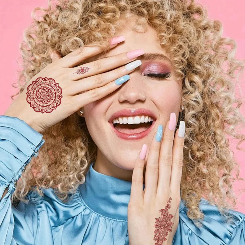 6 Sheets India Mehndi Design Brown Red Maroon Tattoo Stickers, Water Transfer Fake Henna Tattoos For Women Full Hand Tattoos - Sun Studio