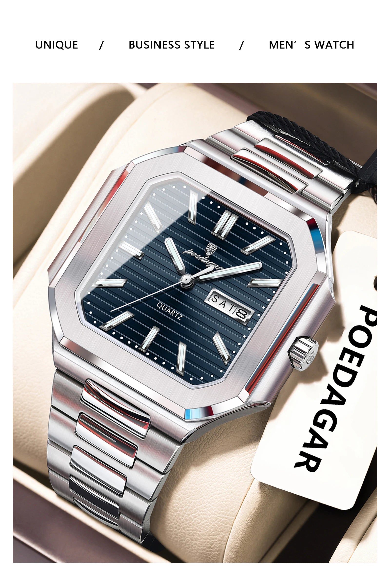 POEDAGAR Square Fashion Man Wristwatch Waterproof Luminous Date Week Quartz Men's Watches Stainless Steel Luxury Men Watch Reloj - Sun Studio
