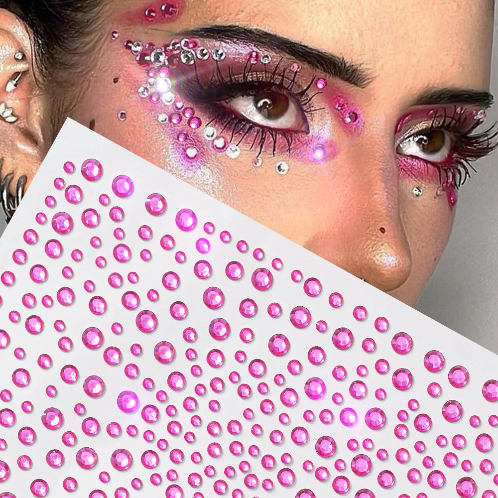 1sheet 900pcs Rainbow Face Glittle Gem Stickers Stick-On Facial Tattoo Eye Rhinestone Jewels 3/4/5mm Mix Wedding Party Make Up - Sun Studio