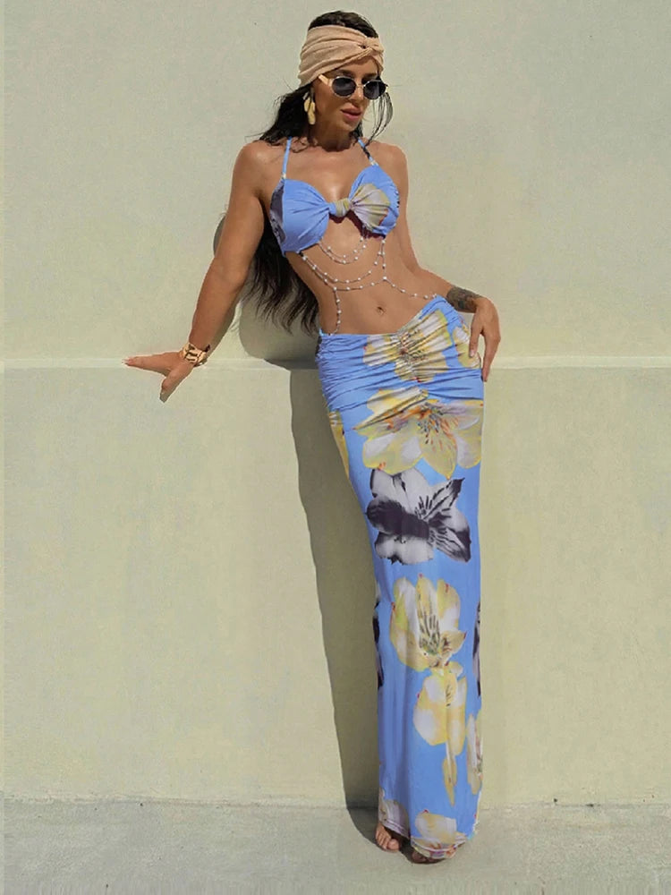 kliou Pearl Splice Stunning Dresses Women Sexy Tie Dye Tassel Bandage Hollow Shirring Maxi Bodycon Lady Vacation Party Vestidos