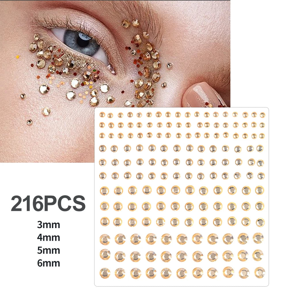 162/216/900pcs Eye&Face&Body Diamond Tattoos Stickers 3/4/5/6mm Colored Glitter Rhinestone Tattoo for Party Makeup Gem Accessory - Sun Studio