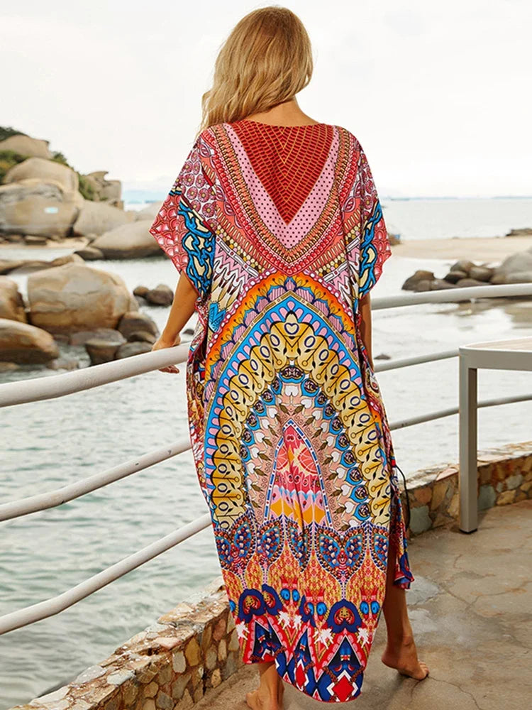EDOLYNSA Bohemian Printed Women Plus Size vacation kaftan Summer Beach Maxi Dress Beachwear SwimSuit Cover Up beach wear  Q999 - Sun Studio