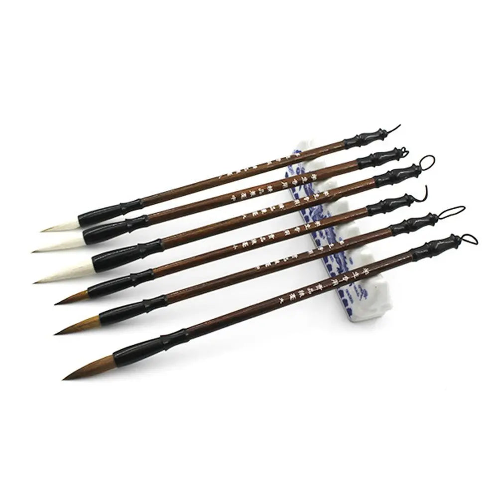 6pcs/set White Woolen Student Chinese Calligraphy Brush Pen Writing Brush Brown Weasel Hair - Sun Studio