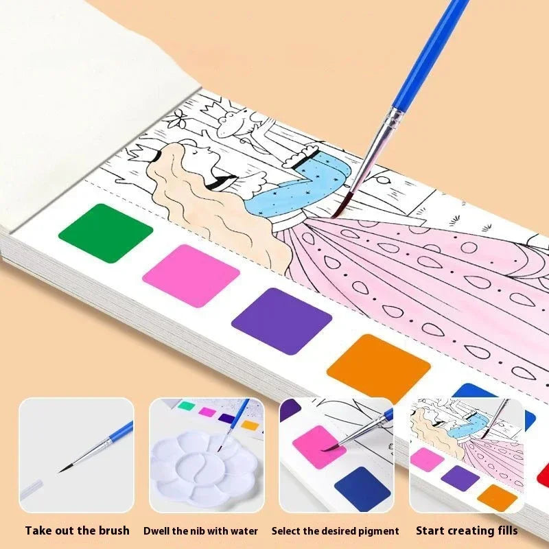1PC Children's Watercolor Coloring Book Kids Adult Watercolour Coloring Paper With Water Paint Pens Girls Student Birthday Gift - Sun Studio