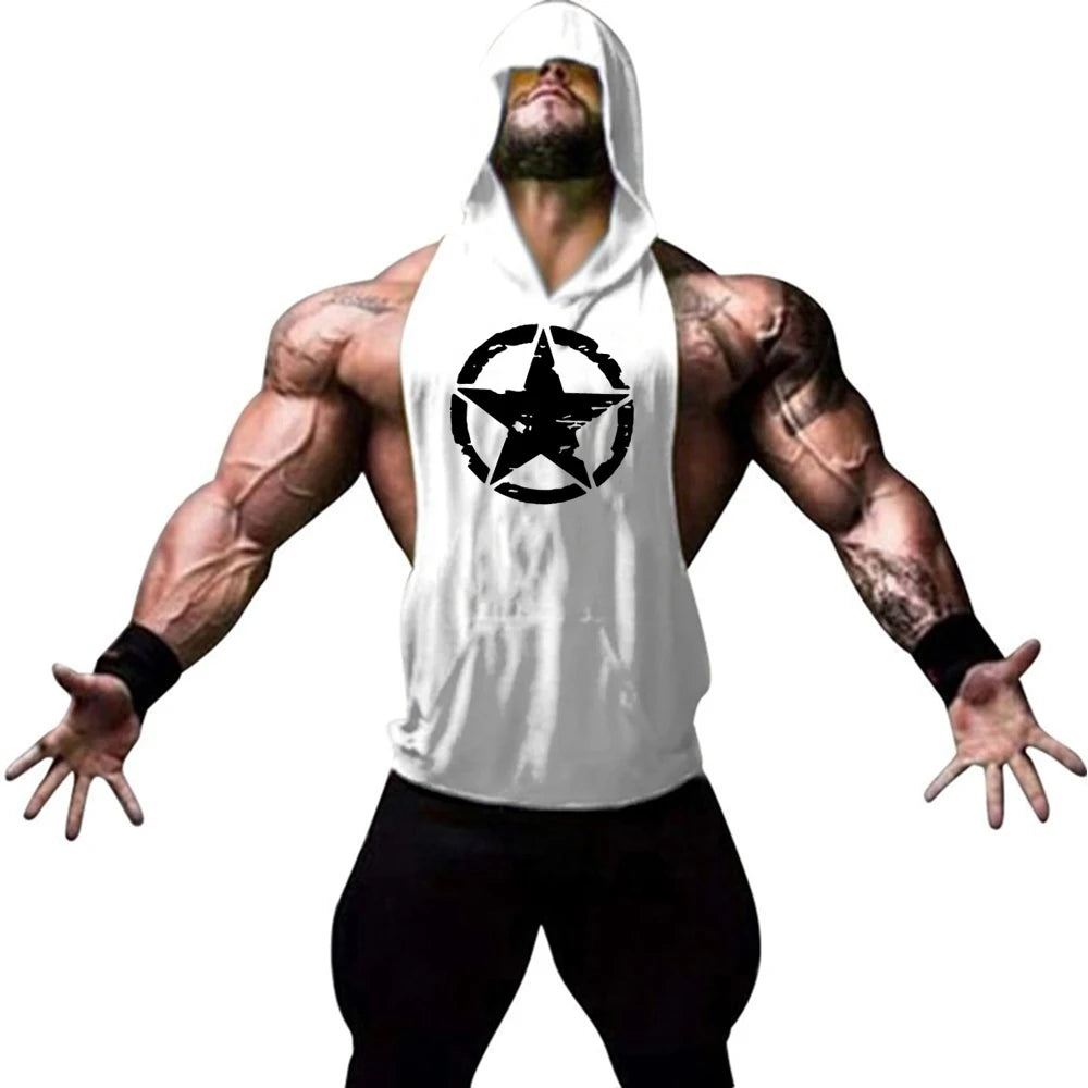 Fitness muscle vest sleeveless hooded men's summer gym sports hooded sweatshirt training sweat absorbing short sleeved vest - Sun Studio