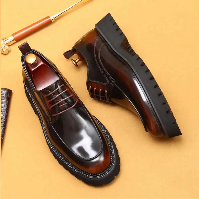 designer men's leather shoes with thick soles round toe glossy leather business dress shoes Waxed cowhide lace up British shoes - Sun Studio