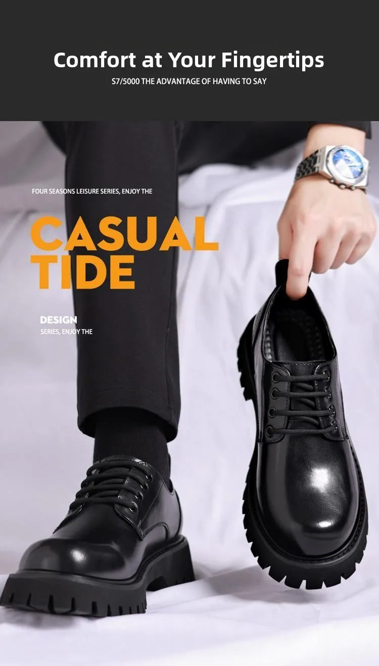 Genuine Soft Leather Men's Shoes 5cm Heightening Thick Bottom Anti-slip Waterproof Casual Black Formal Shoes Autumn Season - Sun Studio