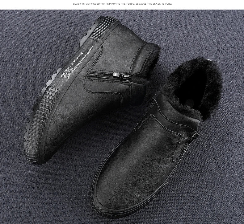 Man Winter Warm Leather Boots Warm Plush Inside High Tops Casual Shoes Slip on Keep Warm Thick Fur Men's Platform Ankle Boots - Sun Studio