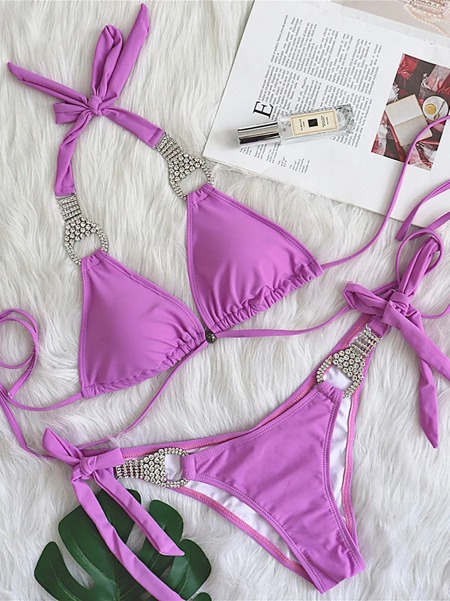 Halter Rhinestone Diamant Bikini Frauen Badeanzug Weibliche Bikinis Metallkette Badebekleidung Zweiteiliges Bikini Set Badeanzug Schwimmen Damen