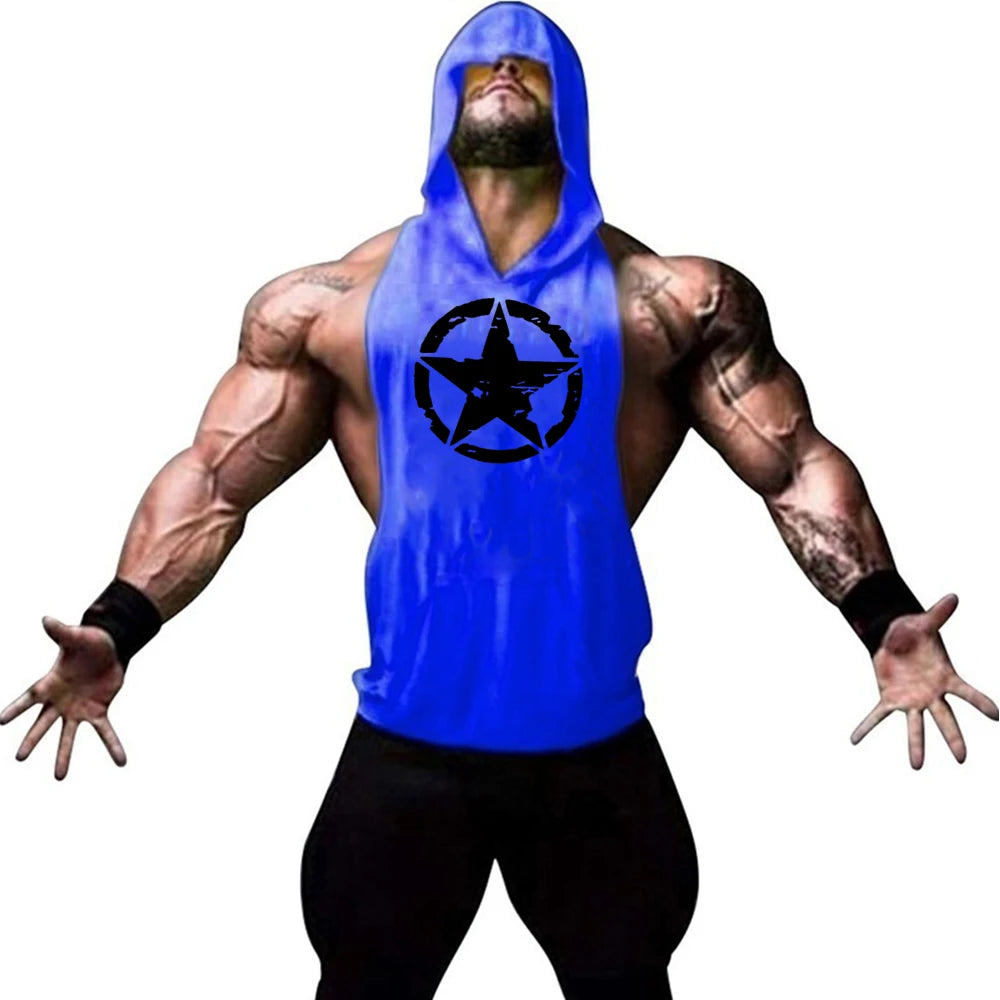 Fitness muscle vest sleeveless hooded men's summer gym sports hooded sweatshirt training sweat absorbing short sleeved vest - Sun Studio