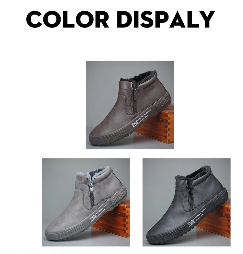 Man Winter Warm Leather Boots Warm Plush Inside High Tops Casual Shoes Slip on Keep Warm Thick Fur Men's Platform Ankle Boots - Sun Studio