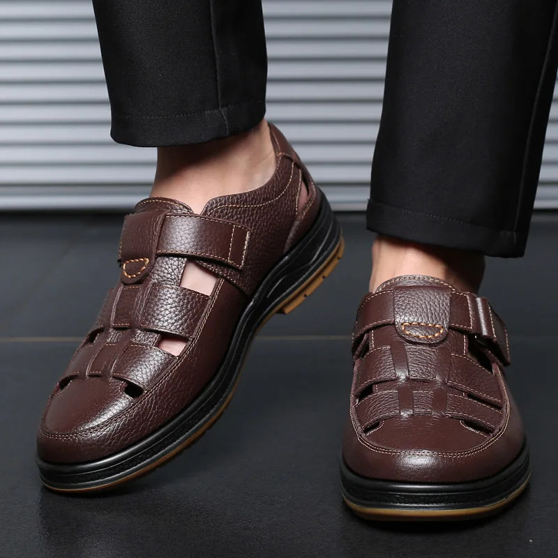 Classic High Quality Leather Business Sandals Summer Outdoor Hiking Shoes Handmade Sandals Fashion Comfortable Men Beach Shoes - Sun Studio
