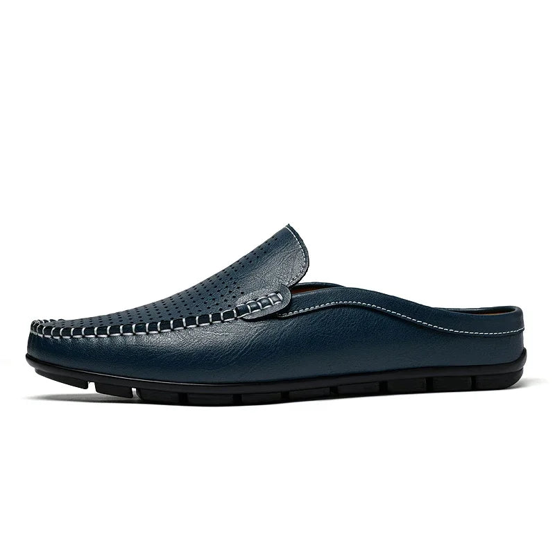 Half Shoes for Men Summer Mens Mules Perforated Leather Slippers Casual Slip-ons Loafers Flats Black Brown - Sun Studio