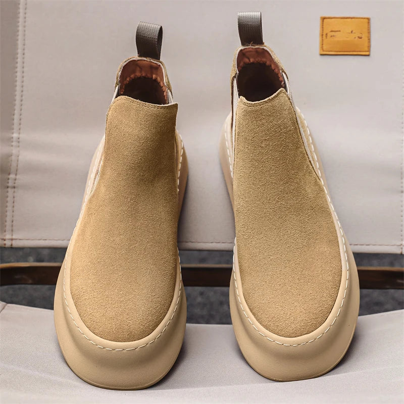 Fashion Brand Men Genuine Leather Mid Top Boots with British Style Autumn Winter Men Anti Slip and Wear-resistant Chelsea Boots - Sun Studio