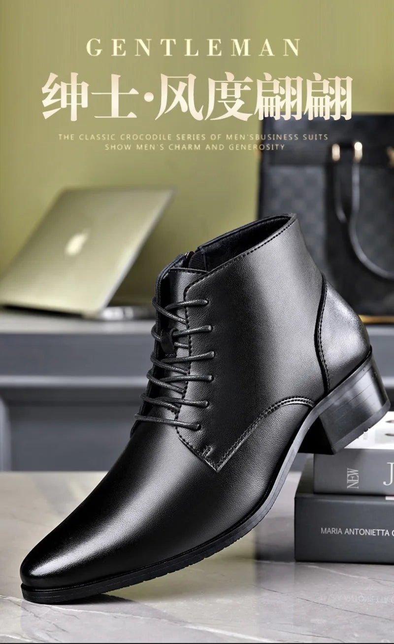 Men's Boots Fashion High-top Casual Boot Pointed Tip Business Leather Boots for Men Plush Warm Winter Boots Lace Up Ankle Botas - Sun Studio