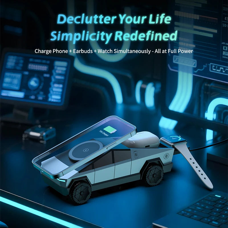 New Cybertruck Multifunctional 3-in-1 Wireless Charger Desktop Qi2 Charger for IPhone (15W),Iwatch (5W), Airpods (2.5W) Charging - Sun Studio