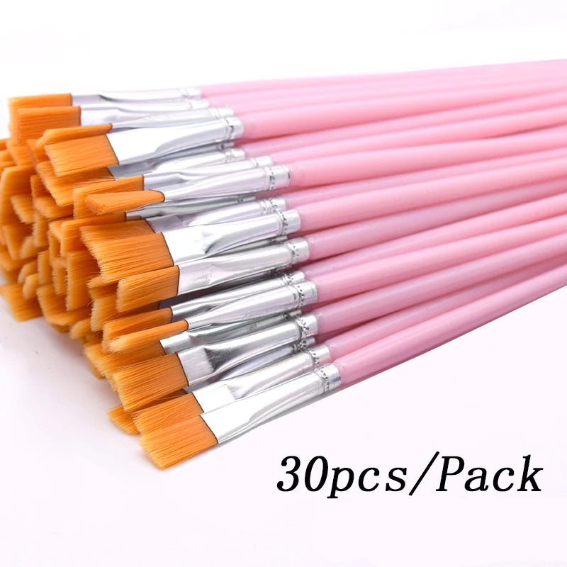 30pcs Pink Flat Painting Brushes for Kids Nylon Hair Plastic Handle for Detail Fine Art Acrylic Watercolor Nail Oil Painting - Sun Studio