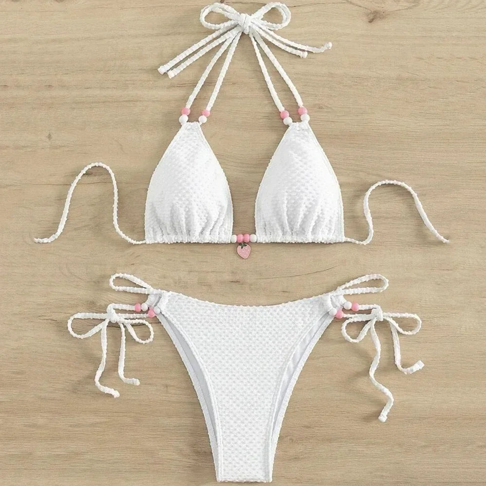 Sexy Pink Micro Thong Bikinis Sets Bead String Halter Swimwear Women Mini Swimsuit Bathing Suit Lace-up Biquinis Triangle Bikini - Sun Studio