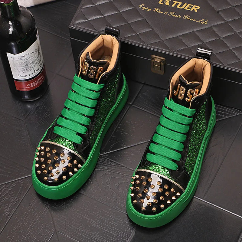 Winter High Tops For Men Rivet Sequin Everyday All Match Patent Leather Casual Shoes Male Flats Loafers Sports Walking Sneakers - Sun Studio
