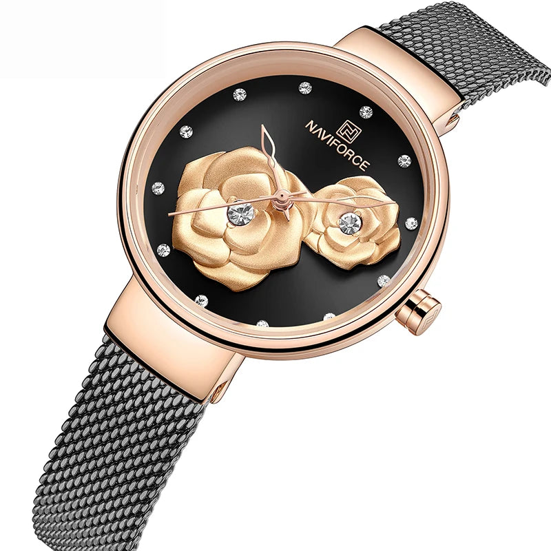Women Watch NAVIFORCE Top Luxury Brand Steel Mesh Waterproof Ladies Watches Flower Quartz Female Wristwatch Charming Girl Clock - Sun Studio