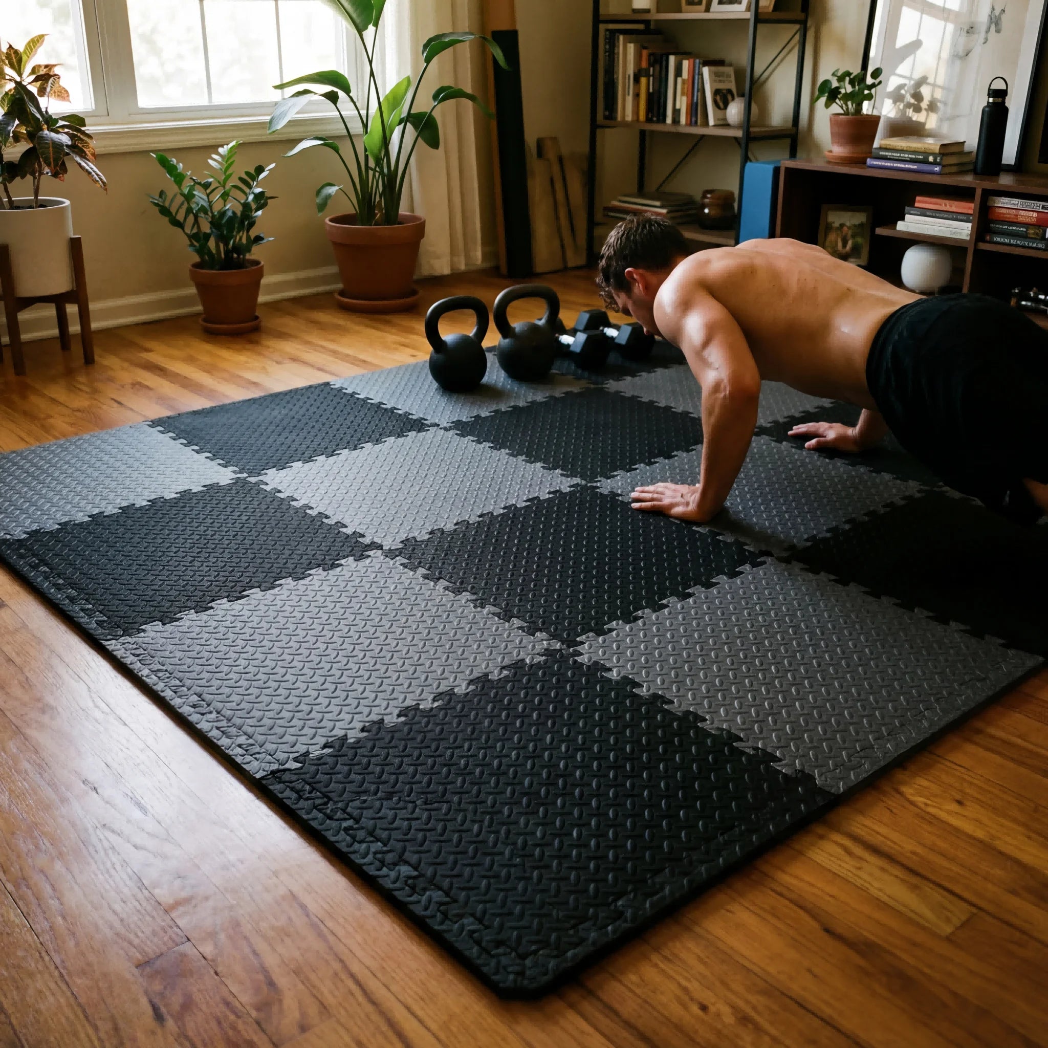 Gym Floor Mat for Home Workout Anti-Slip Rubber Exercise Mat with Interlocking Design, Durable Fitness Rug Weightlifting & Yoga - Sun Studio