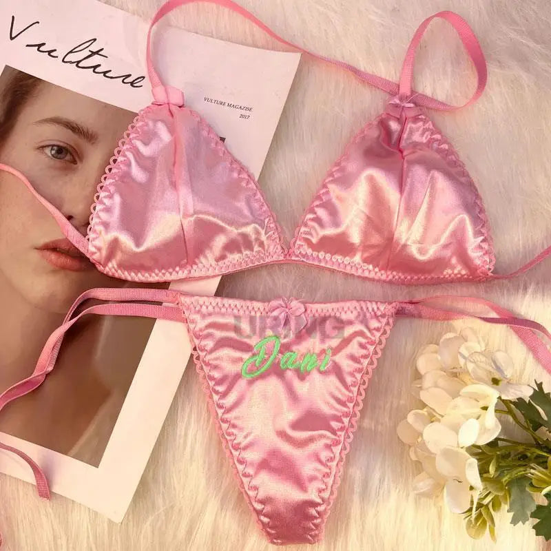 Custom Thongs Bra Sets Bikini With Embroidery Letters Name Personality String Sexy Panties Y2k Hotwife Underwear Pink Swimsuit - Sun Studio