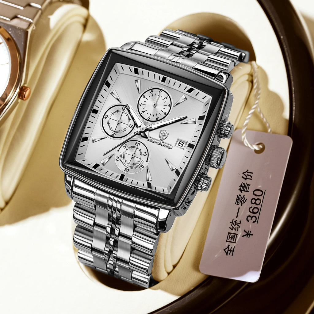 Square Men Chronograph Multifunction Watches Date For Male Clock Quartz Stainless Steel Band Wrist Watches Men Trendy Fashion - Sun Studio